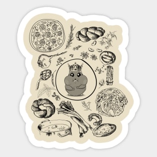 Black and white art hamster in crown with vegeterian food Sticker